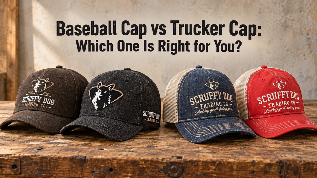 Scruffy Dog cotton baseball cap and mesh-back trucker cap displayed side by side on a wooden workbench