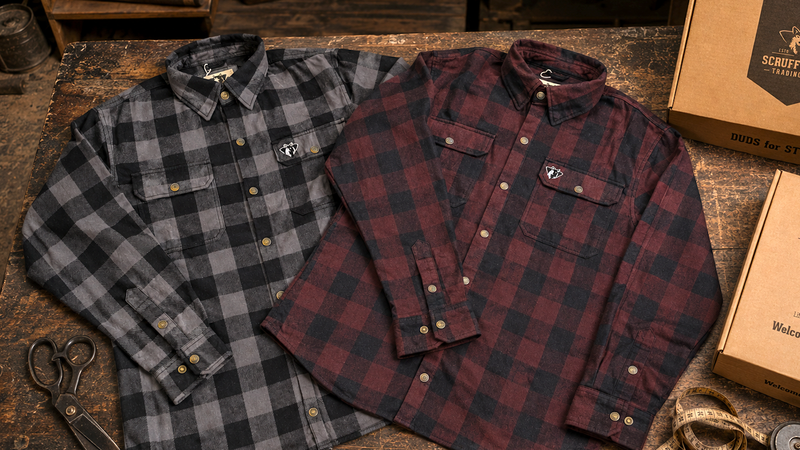 Buffalo Plaid Flannel Shirts on a wooden bench | Scruffy Dog Trading Co.