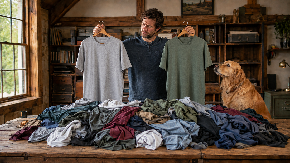 Scruffy Dog graphic T-shirts arranged on an old wooden workbench with a cap and everyday carry gear