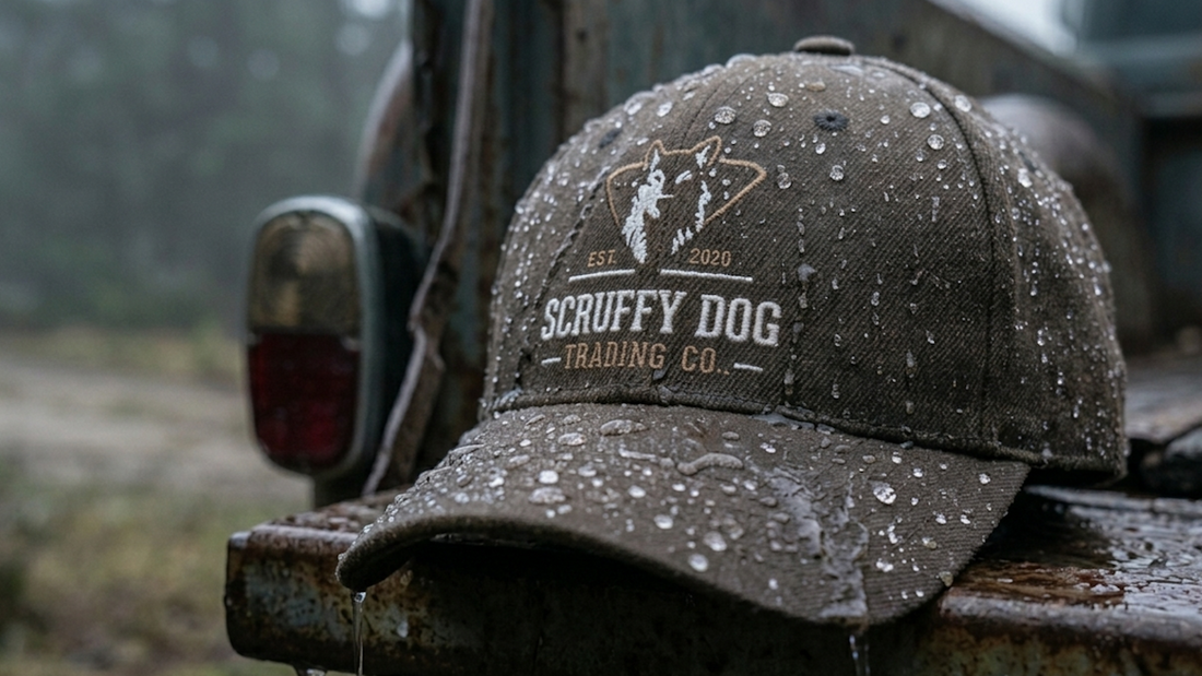 Brown waxed cotton baseball cap covered in rain droplets on a weathered vehicle tailgate