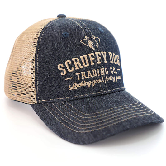 Denim blue vintage trucker hat with Scruffy Dog Trading Co. logo