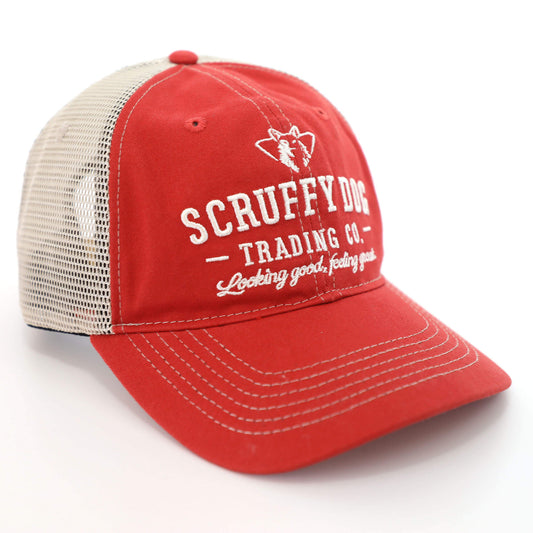 Vintage red trucker hat with Scruffy Dog Trading Co. logo