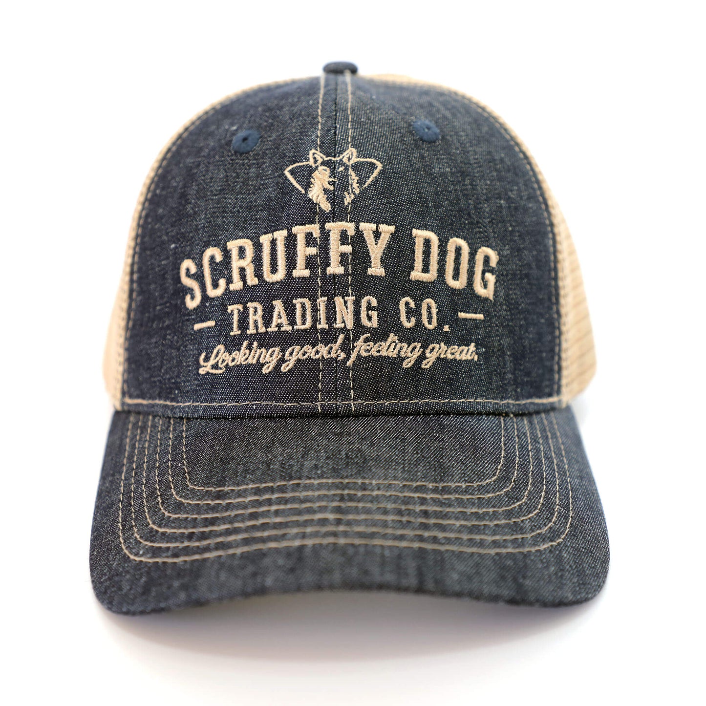 Front view of denim blue trucker hat with logo