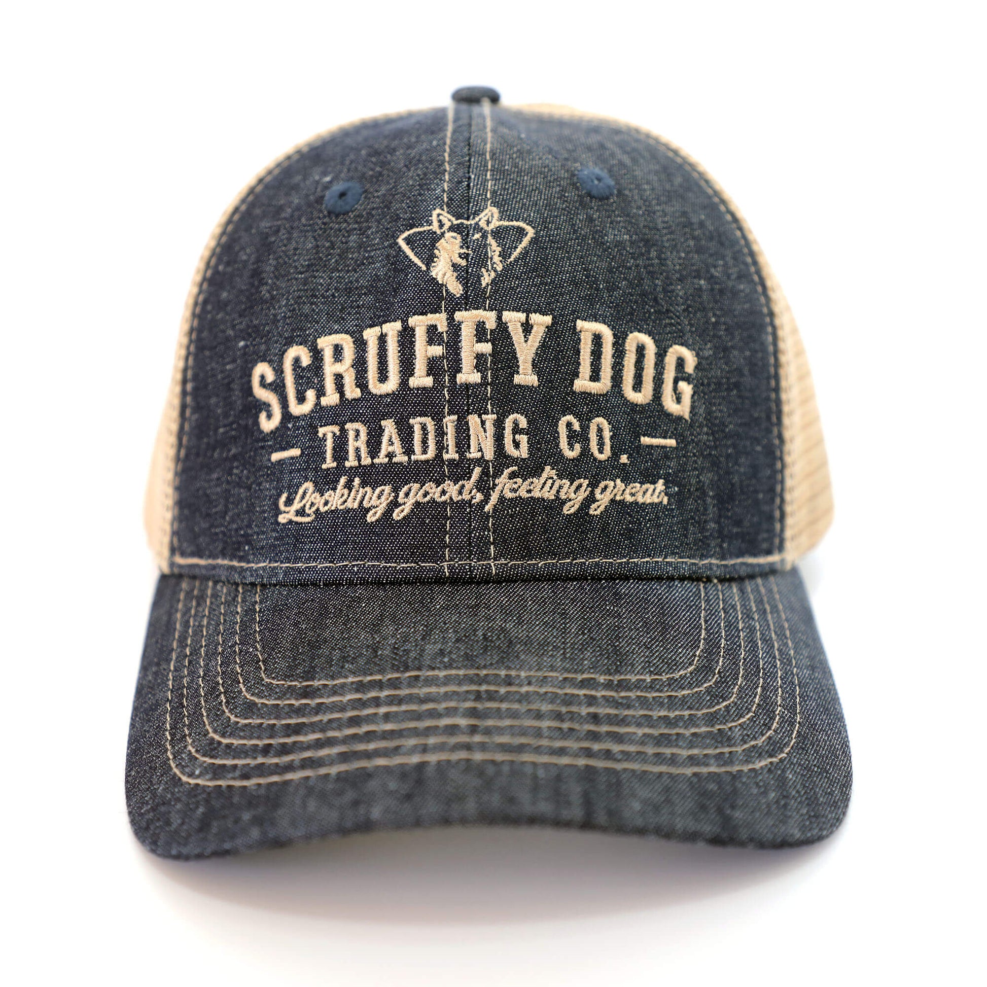Front view of denim blue trucker hat with logo