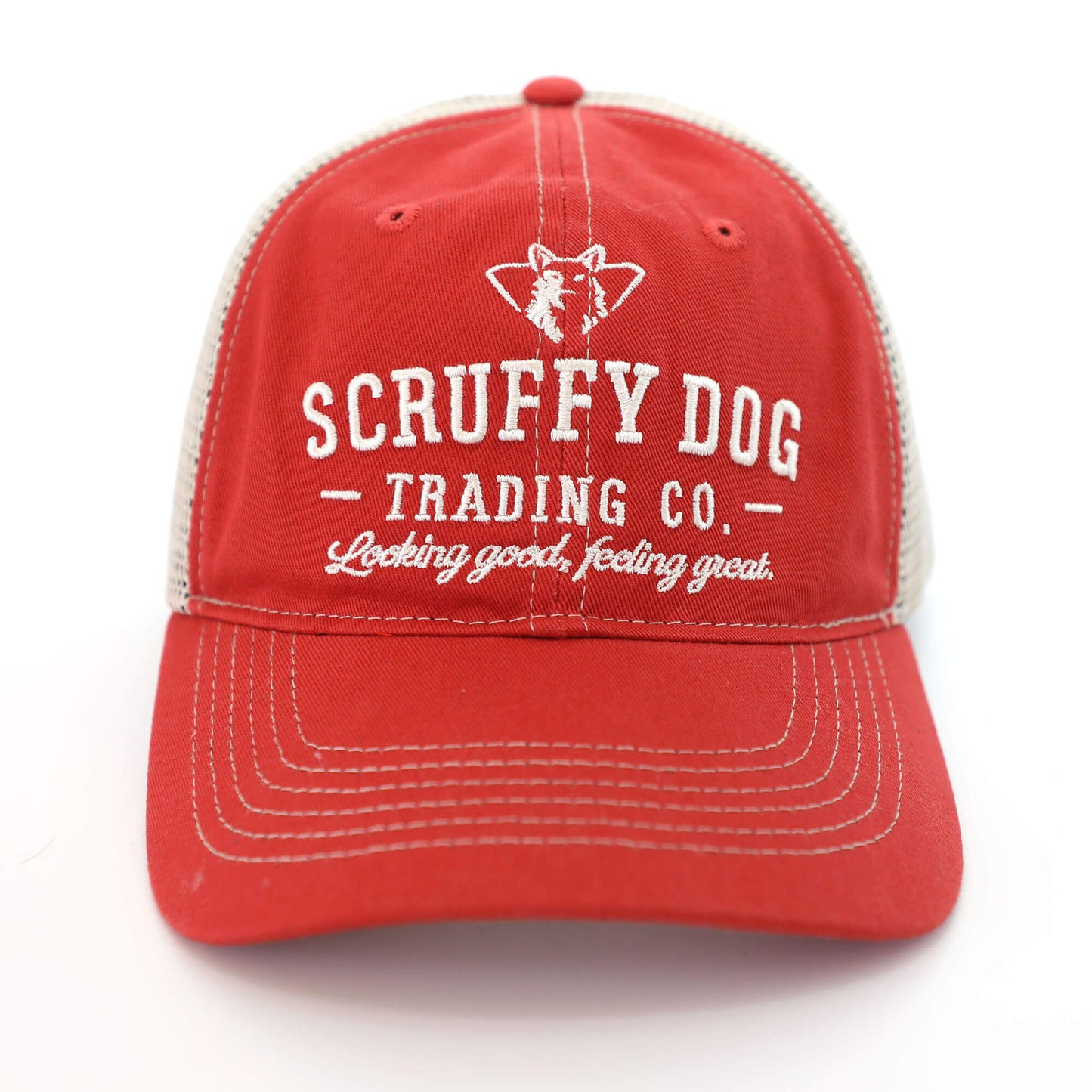 Front view of vintage red trucker hat with logo