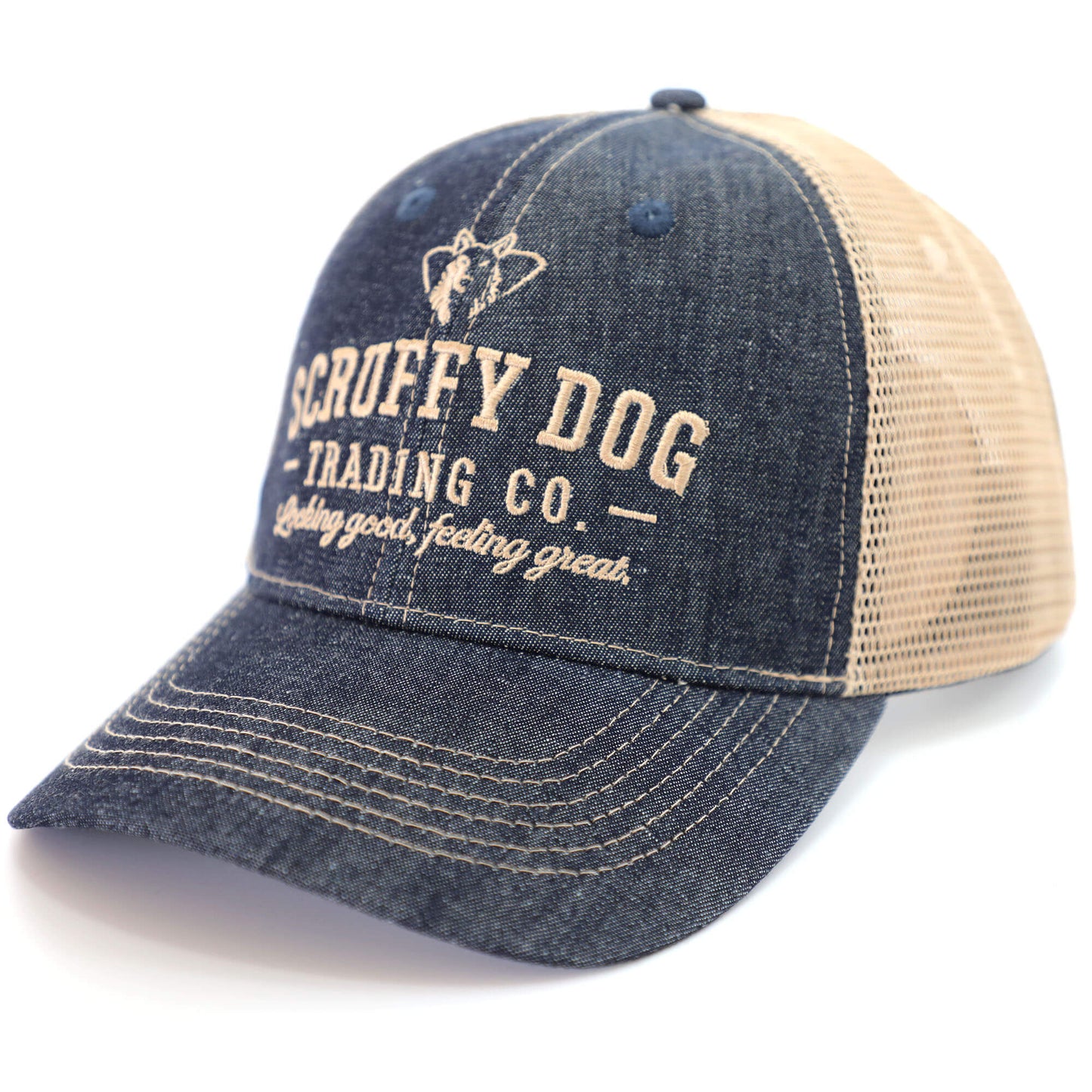 Side view of denim blue trucker hat mesh back