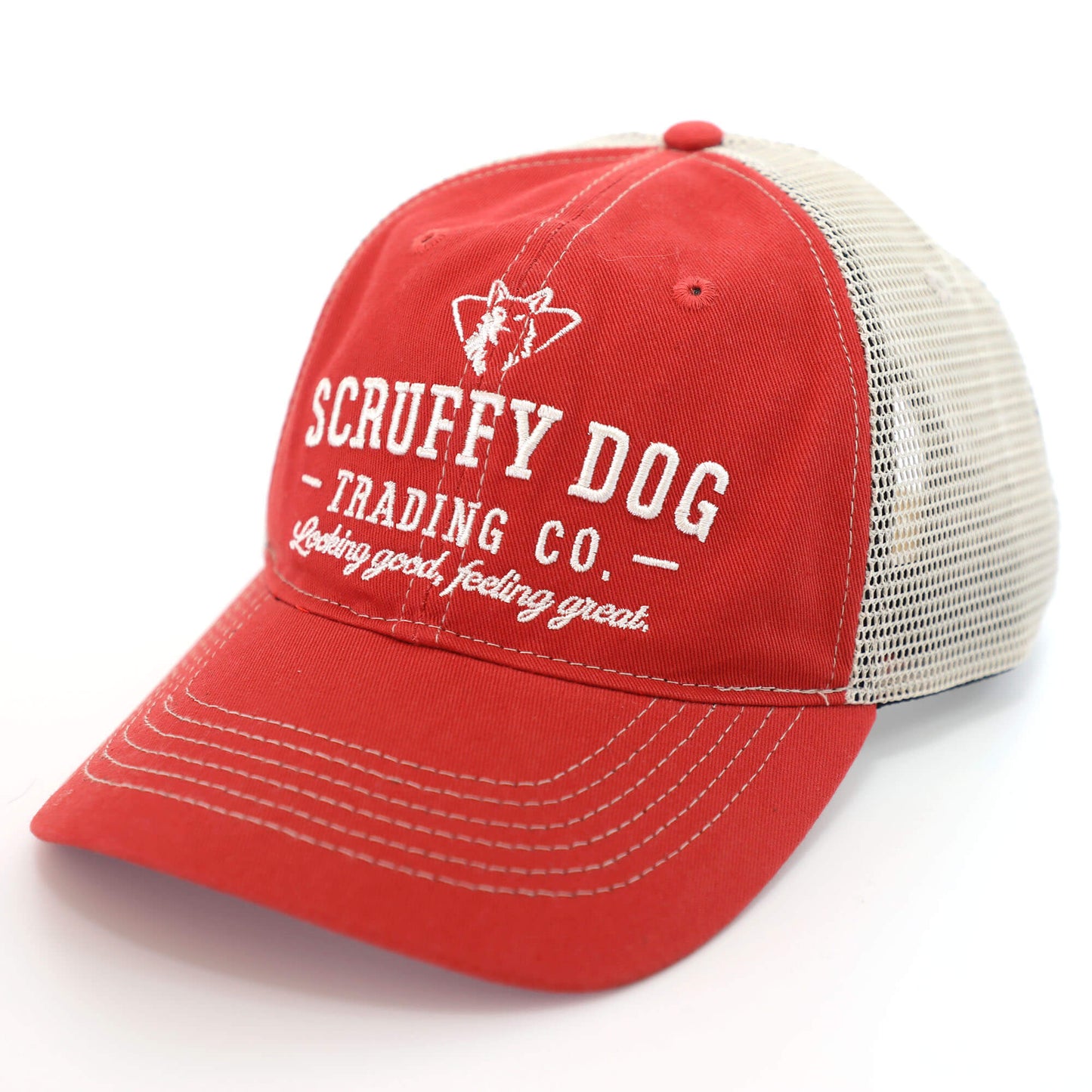 Side view of vintage red trucker hat mesh back