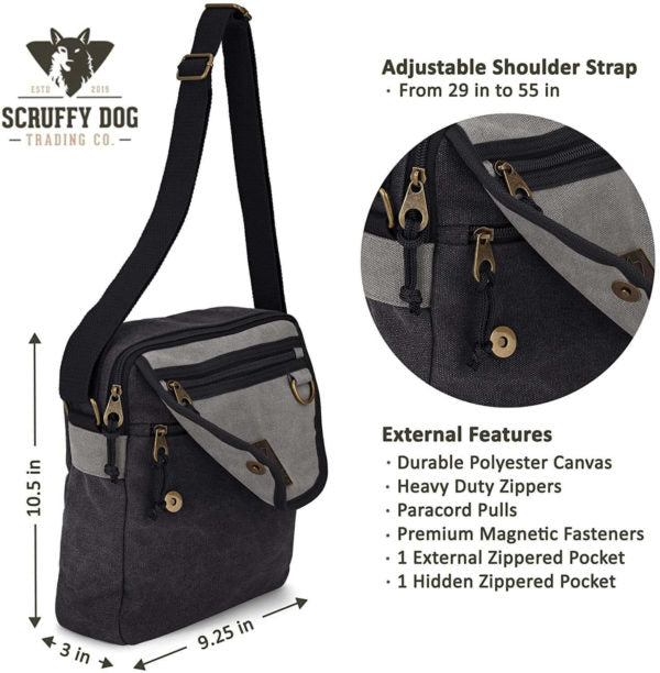 Side view of black and grey messenger bag
