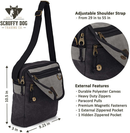 Side view of black and grey messenger bag