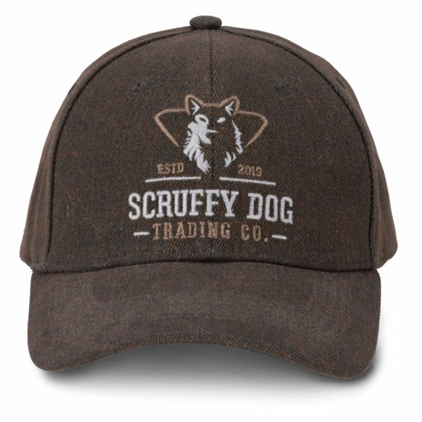 Front view of waxed brown baseball cap with logo