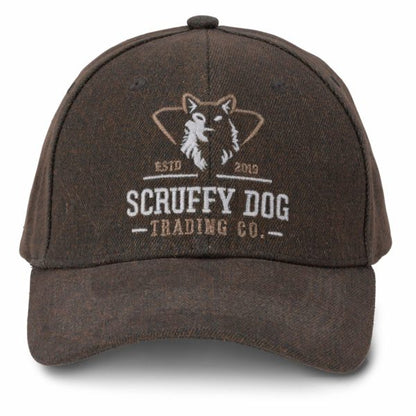 Front view of waxed brown baseball cap with logo