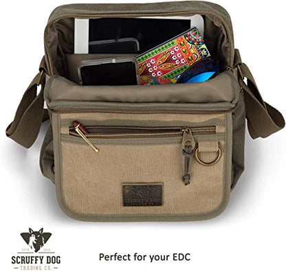 Interior view of khaki messenger bag compartments