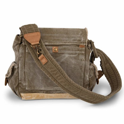 Rear view of vintage messenger bag strap and body