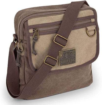 Front view of small brown and beige messenger bag