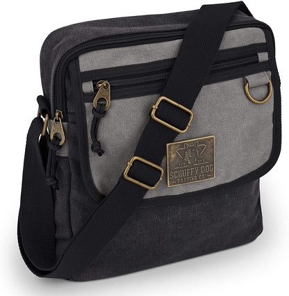 Front view of small black and grey messenger bag