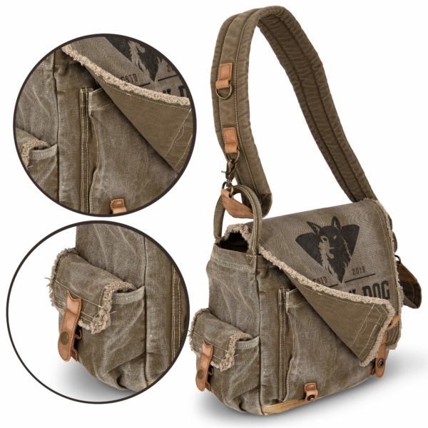 Side profile of vintage messenger bag
