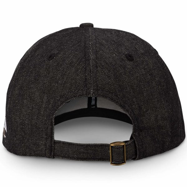 Rear view of adjustable black denim cap