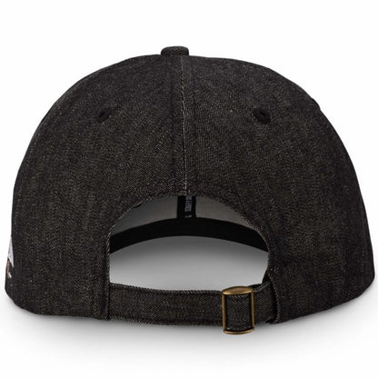Rear view of adjustable black denim cap