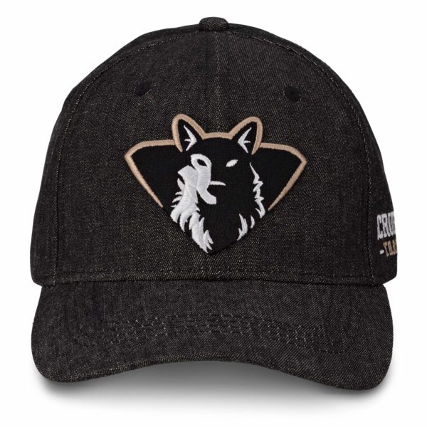 Front view of black denim baseball cap with logo