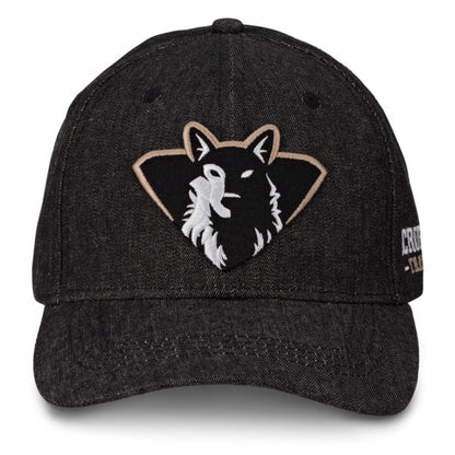 Front view of black denim baseball cap with logo