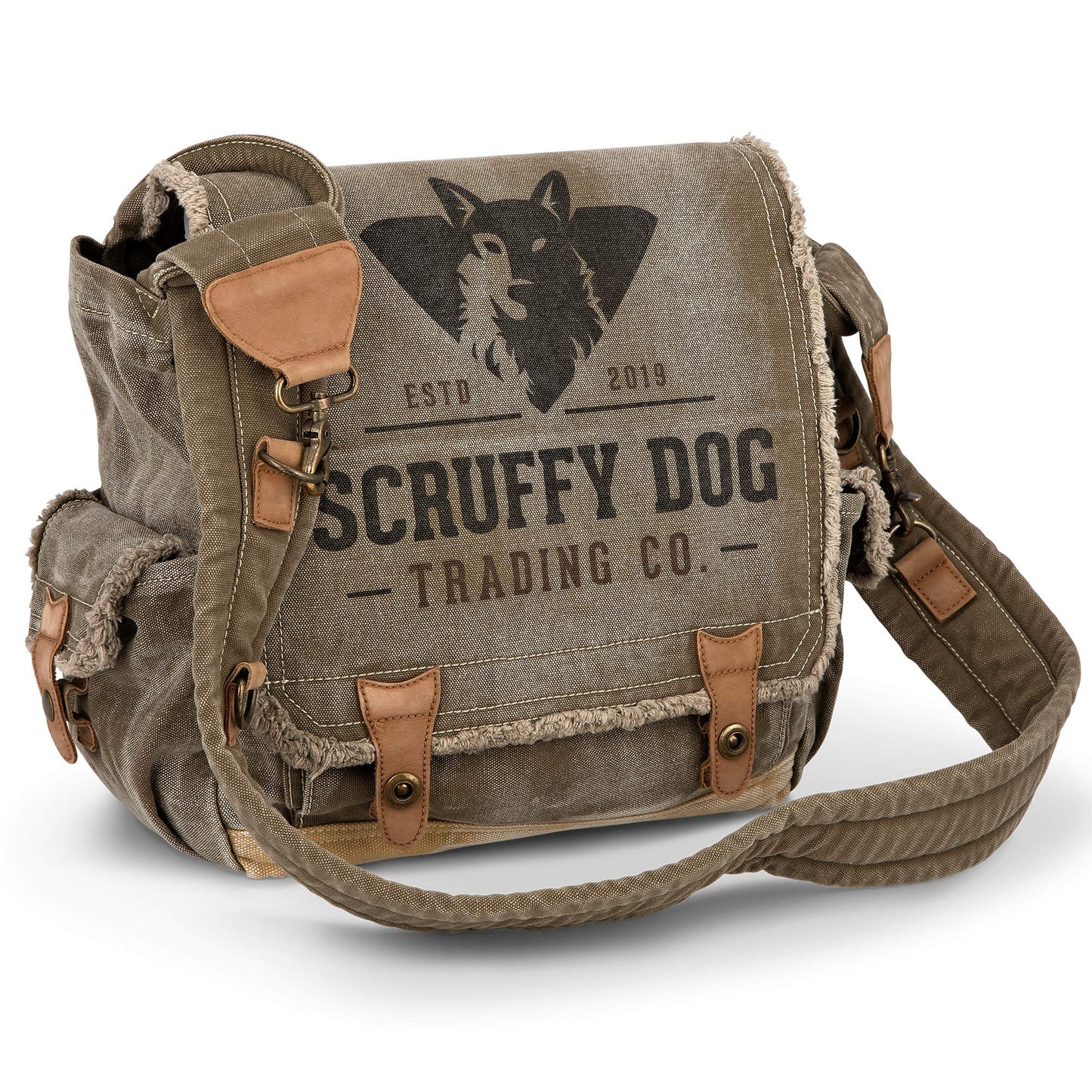 Front view of khaki 13-inch vintage canvas messenger bag