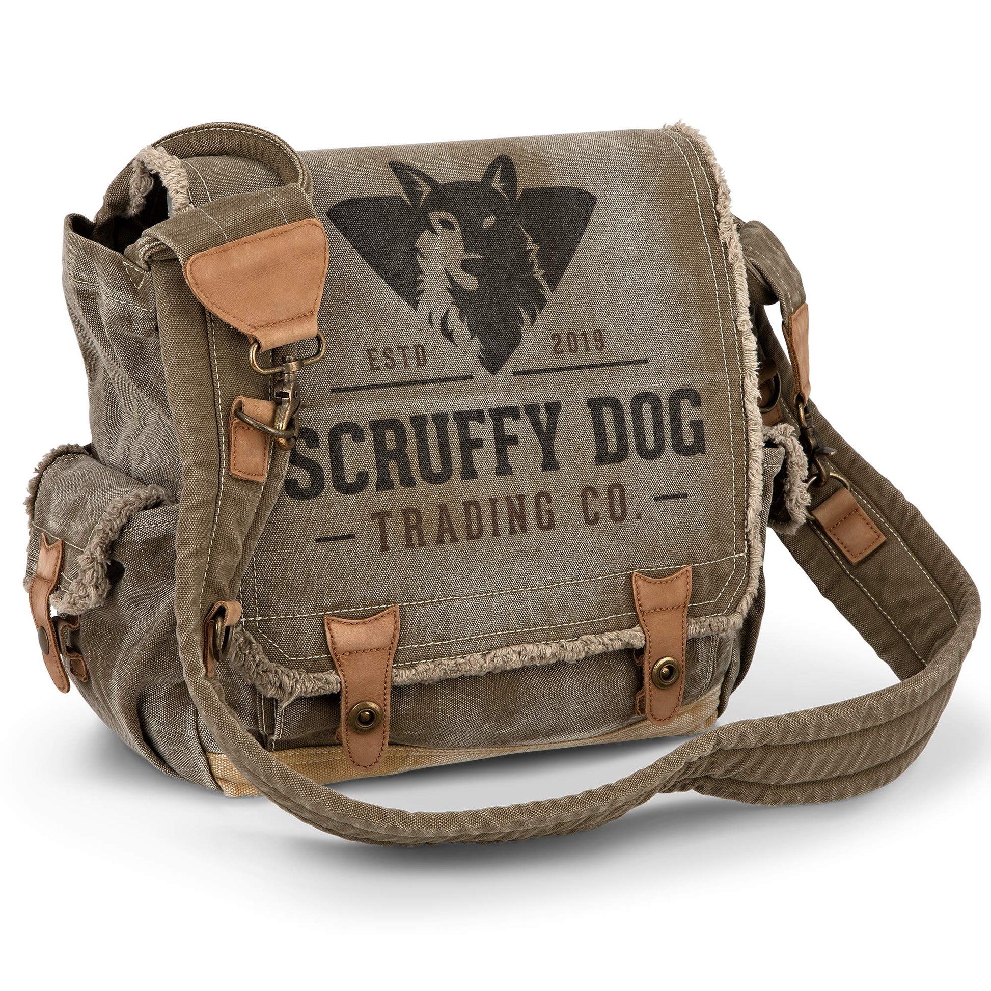 Front view of khaki 13-inch vintage canvas messenger bag