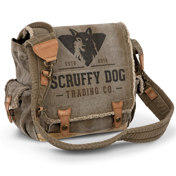 Front view of khaki 13-inch vintage canvas messenger bag