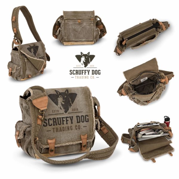 Open vintage messenger bag showing storage compartments