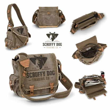 Open vintage messenger bag showing storage compartments