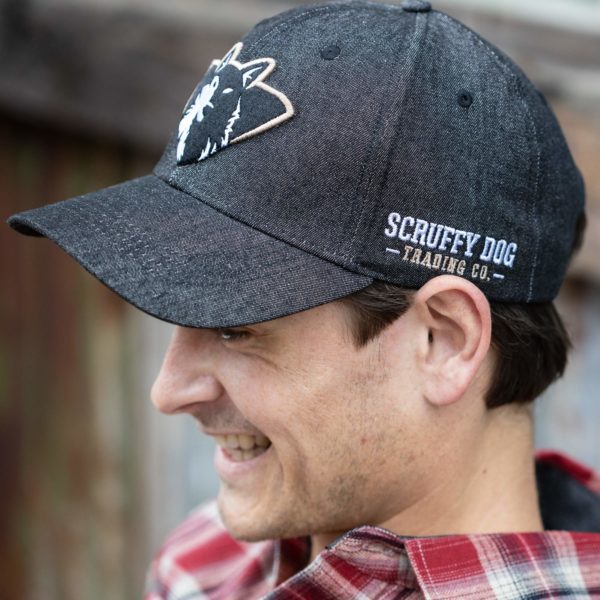 Side view of black denim cap