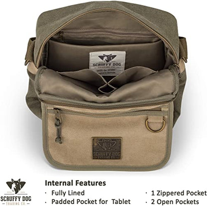 Compact khaki messenger bag with multiple pockets