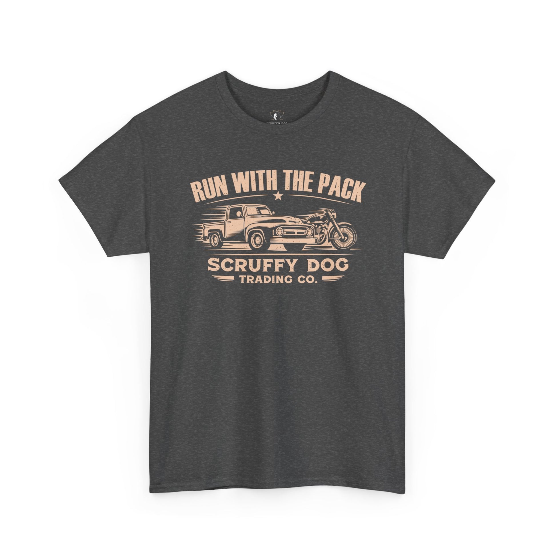 Run With The Pack vintage truck dog graphic tee detail
