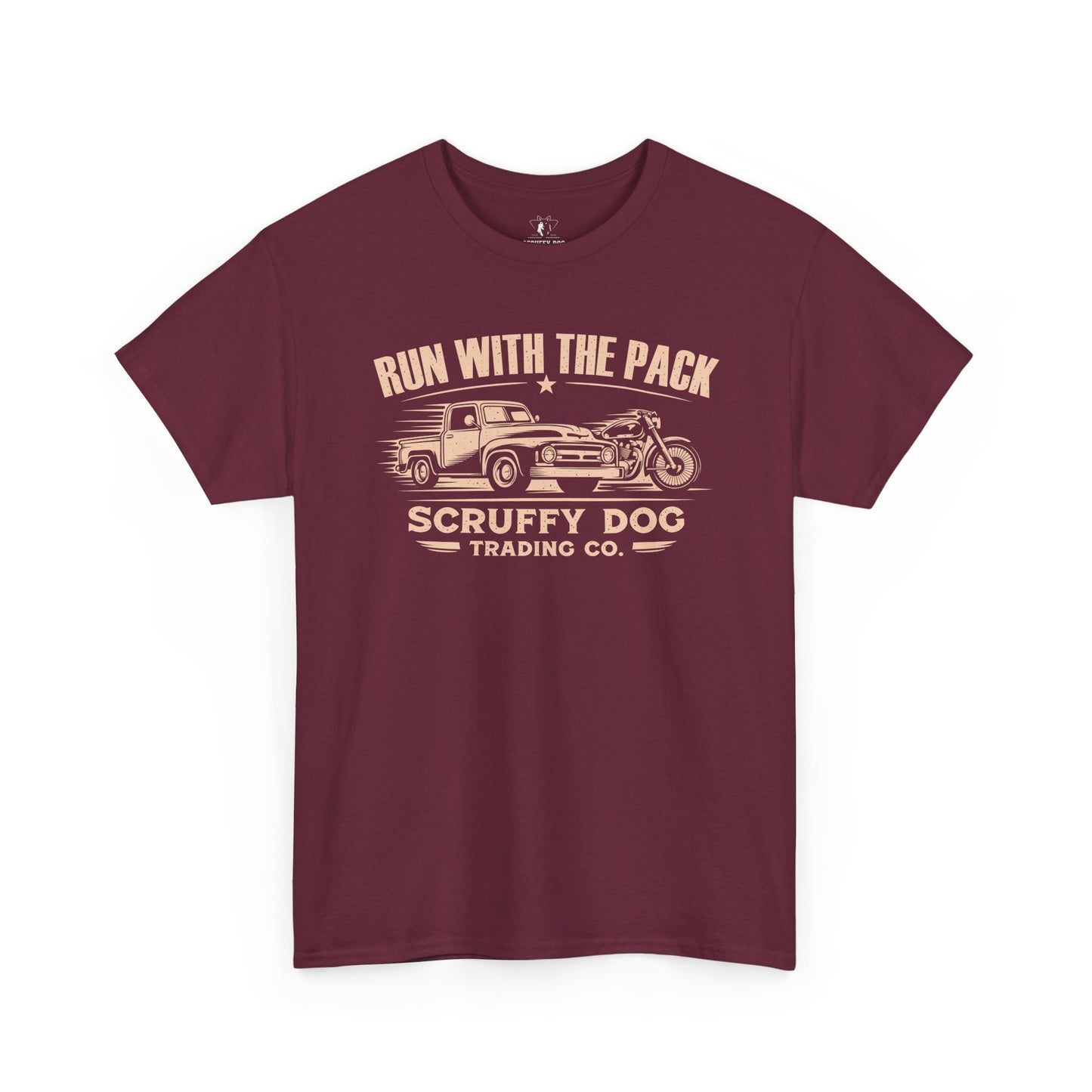 Run With The Pack graphic t-shirt maroon vintage truck design