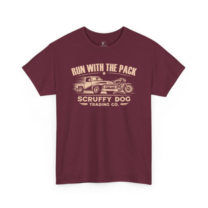 Run With The Pack graphic t-shirt maroon vintage truck design