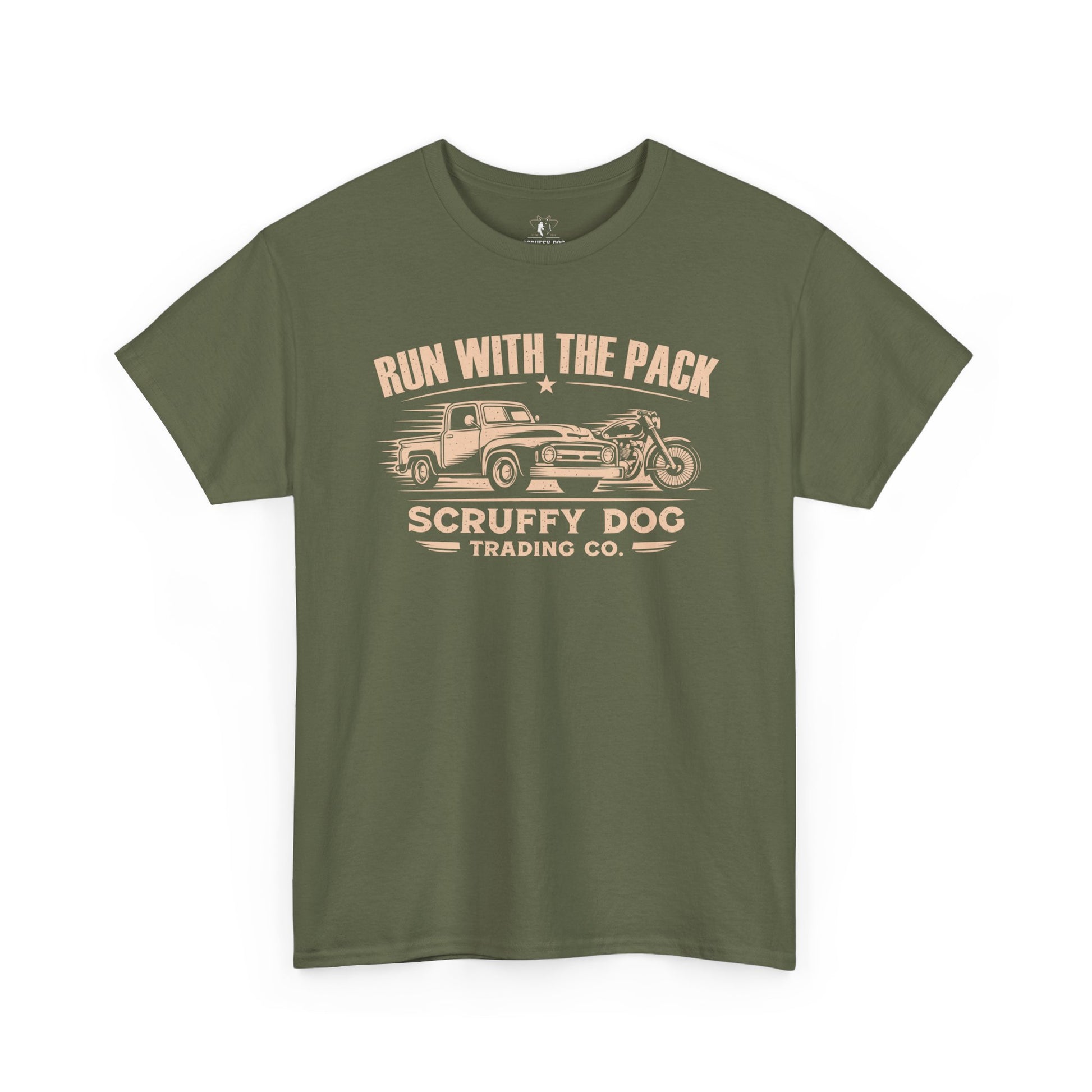 Run With The Pack graphic t-shirt olive green unisex cotton tee