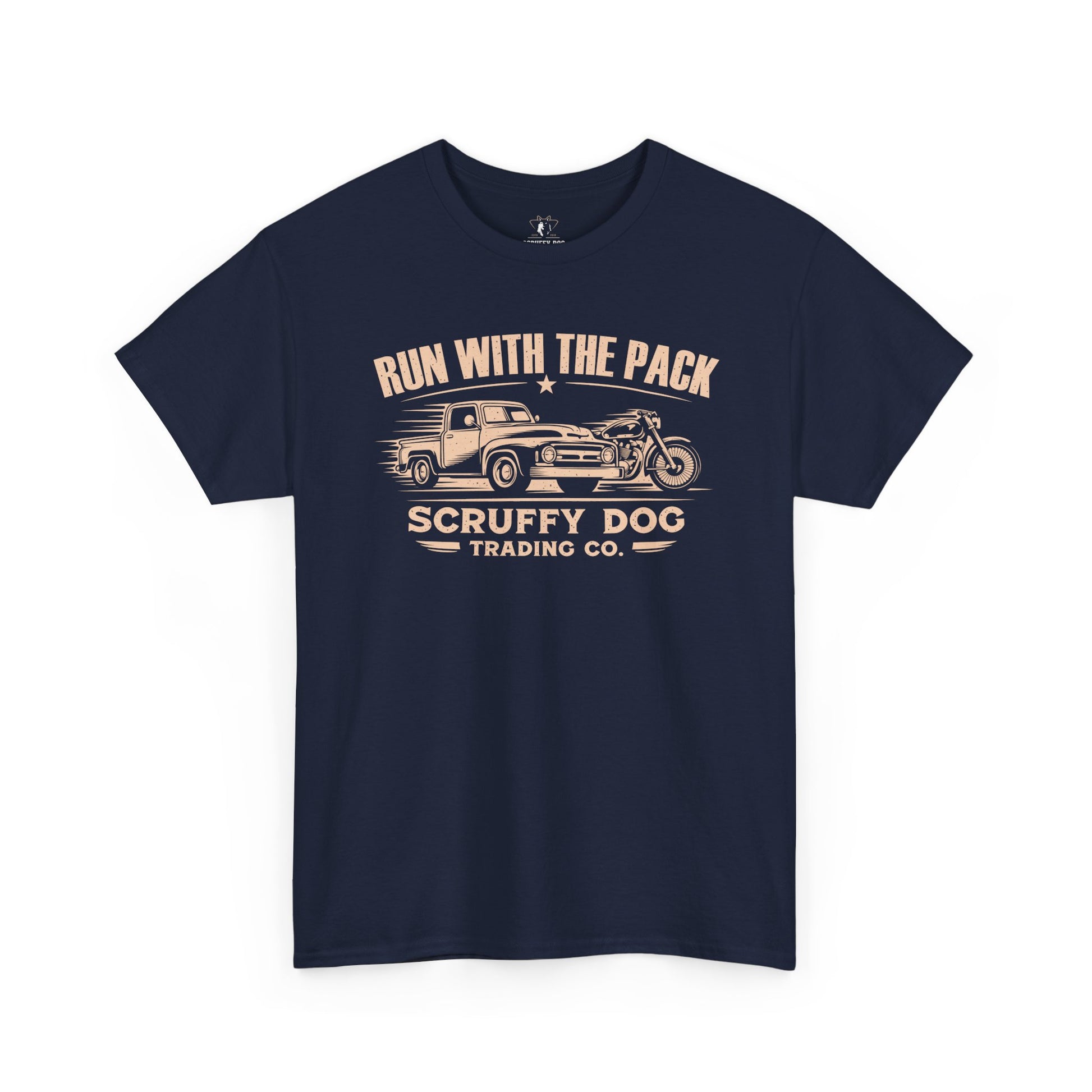 Run With The Pack graphic t-shirt navy blue vintage truck design