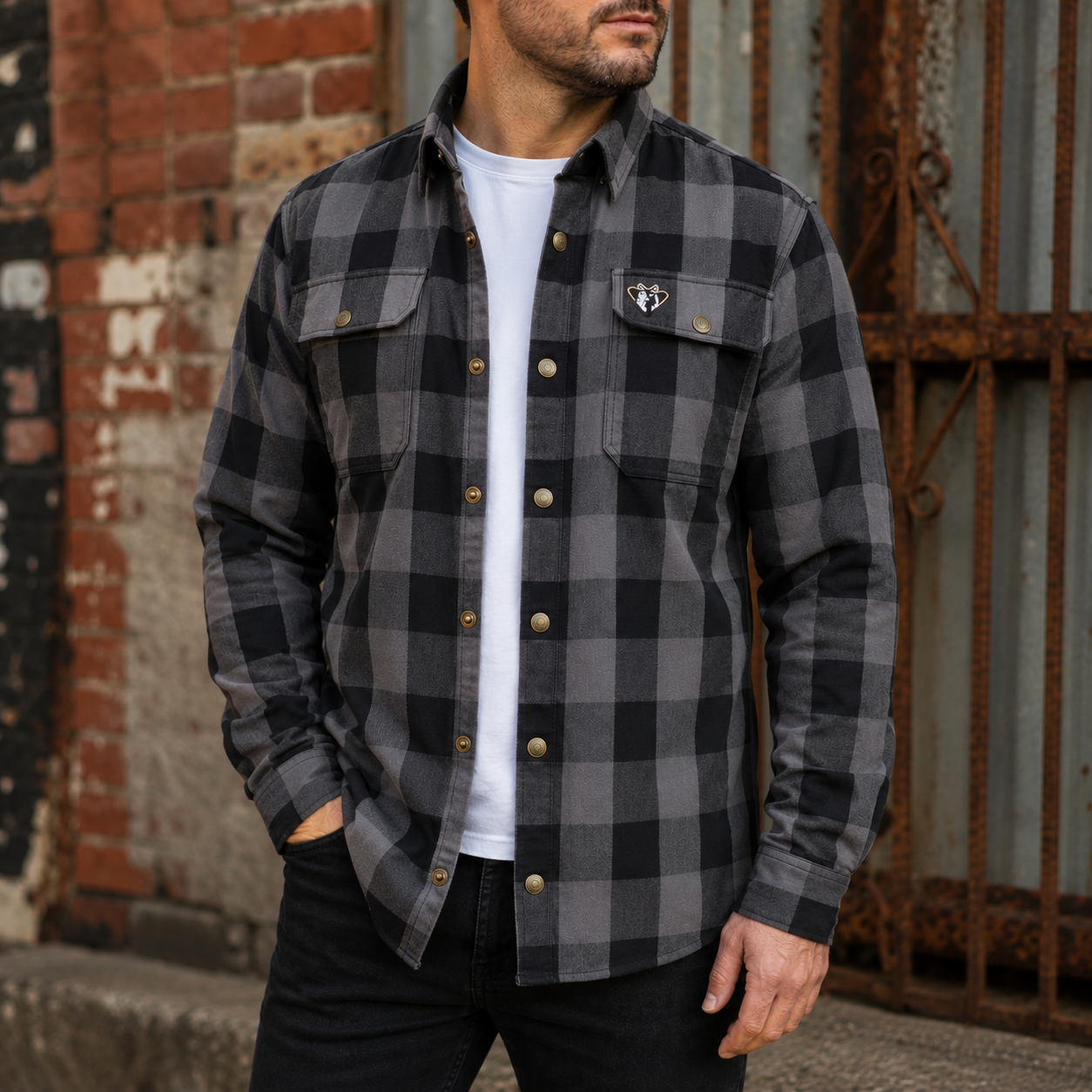 Scruffy Dog men's plaid flannel shirt chocolate black snap-down collar