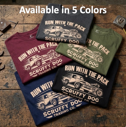 Run With The Pack t-shirt colour options black navy maroon