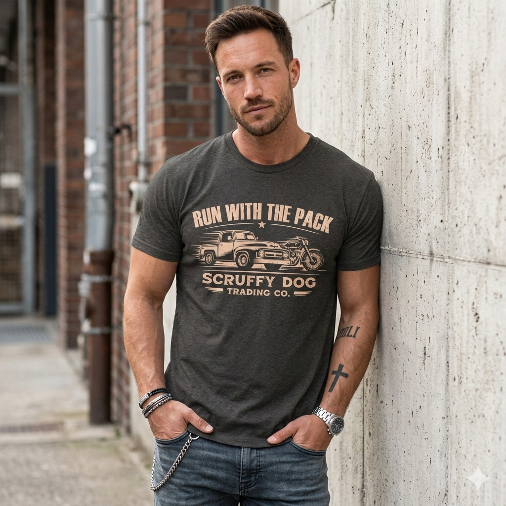  Run With The Pack graphic t-shirt Scruffy Dog Trading Co vintage truck design