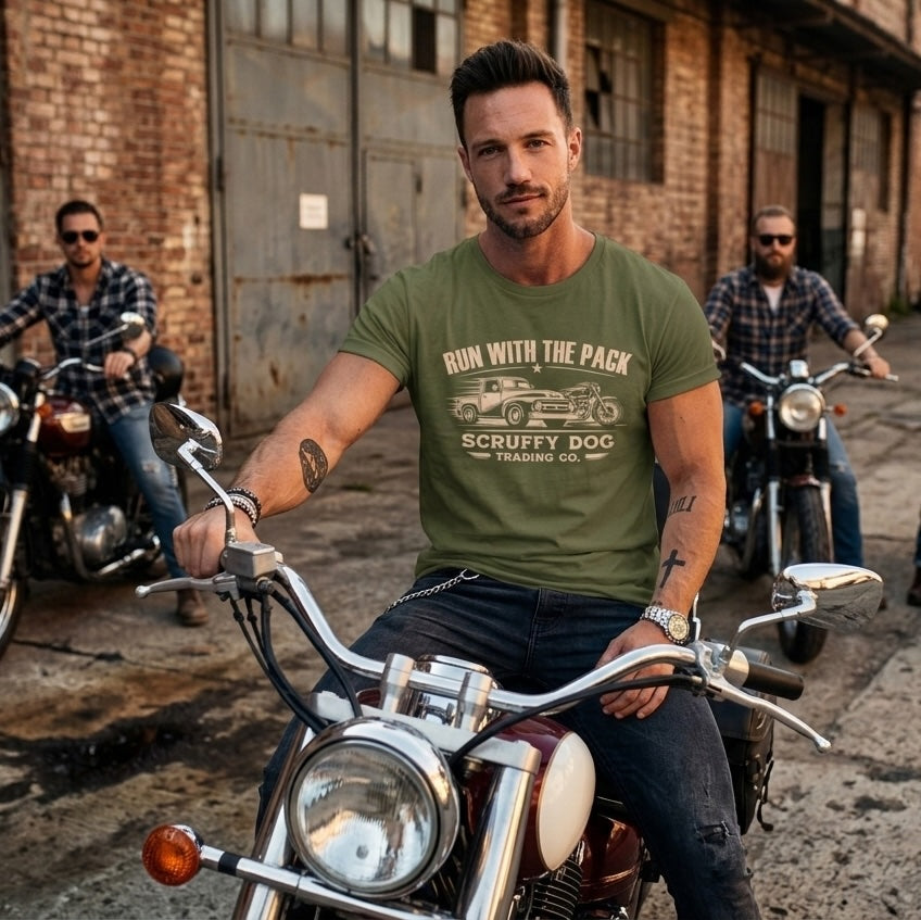 Scruffy Dog Run With The Pack t-shirt motorcycle adventure lifestyle