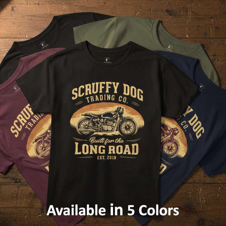 Scruffy Dog Long Road motorcycle t-shirt colour options