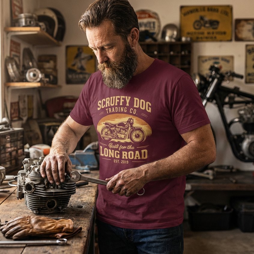 Long Road motorcycle graphic tee print detail Scruffy Dog