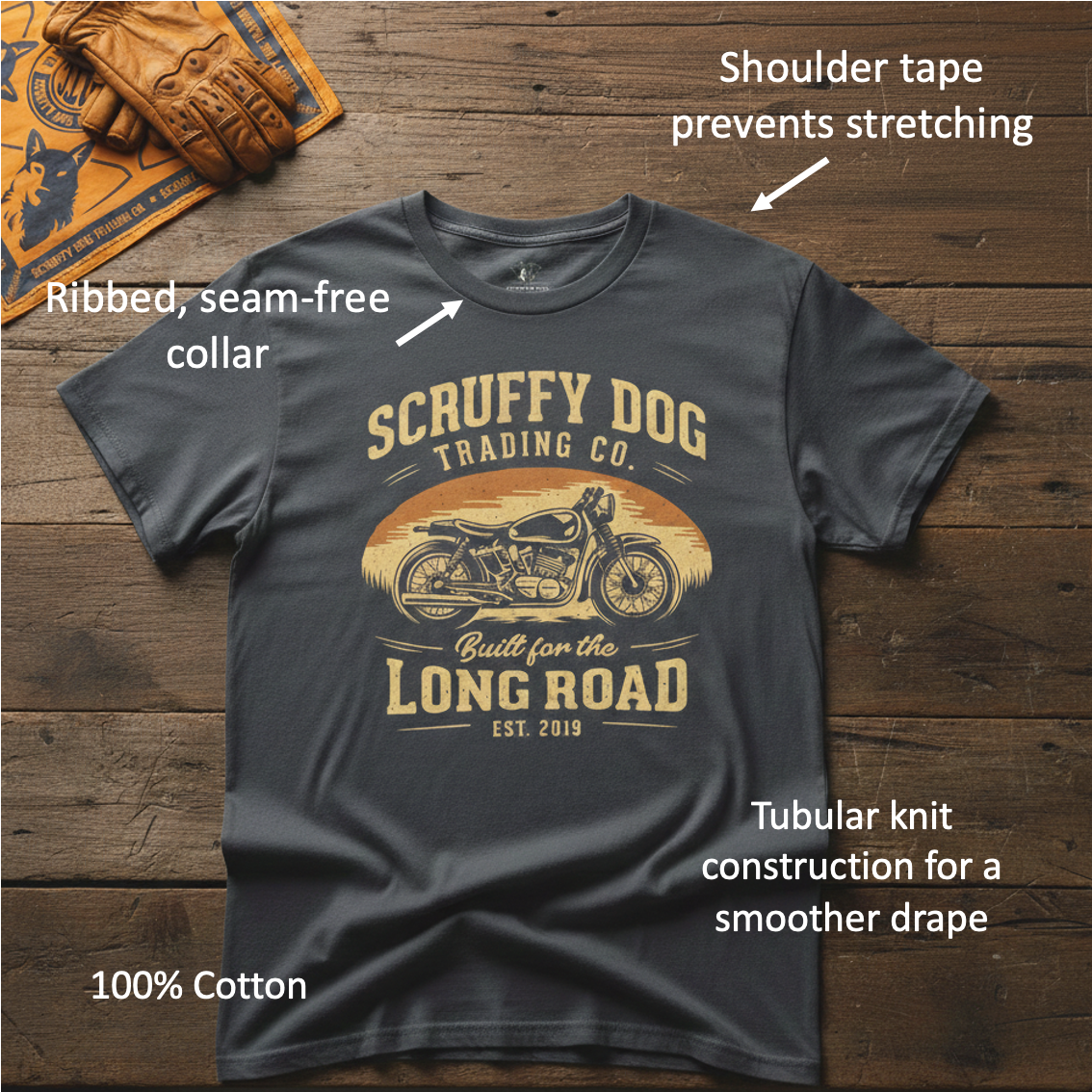 Long Road motorcycle graphic tee print detail Scruffy Dog