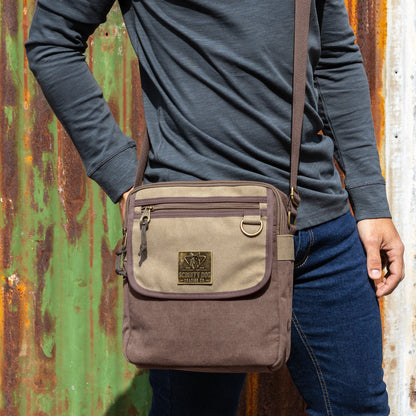 Small 11-inch messenger bag in brown and beige by Scruffy Dog Trading Co.