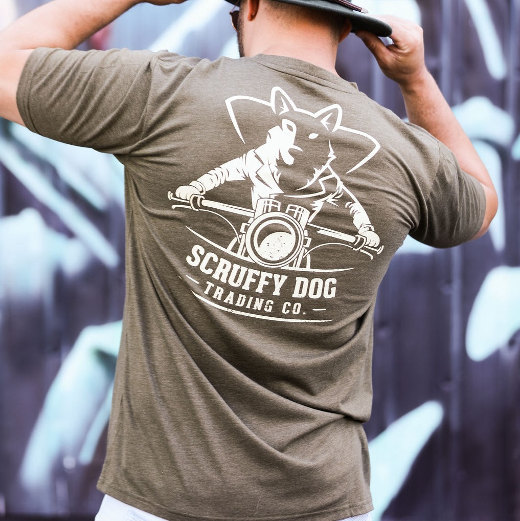 Motorcycle Dog Graphic T-Shirt - Moss Green